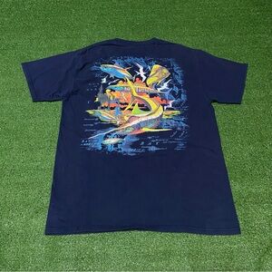 Vintage Y2K Guy Harvey Blue Water Fishing Tee Bahamas Map Marlin Navy Medium